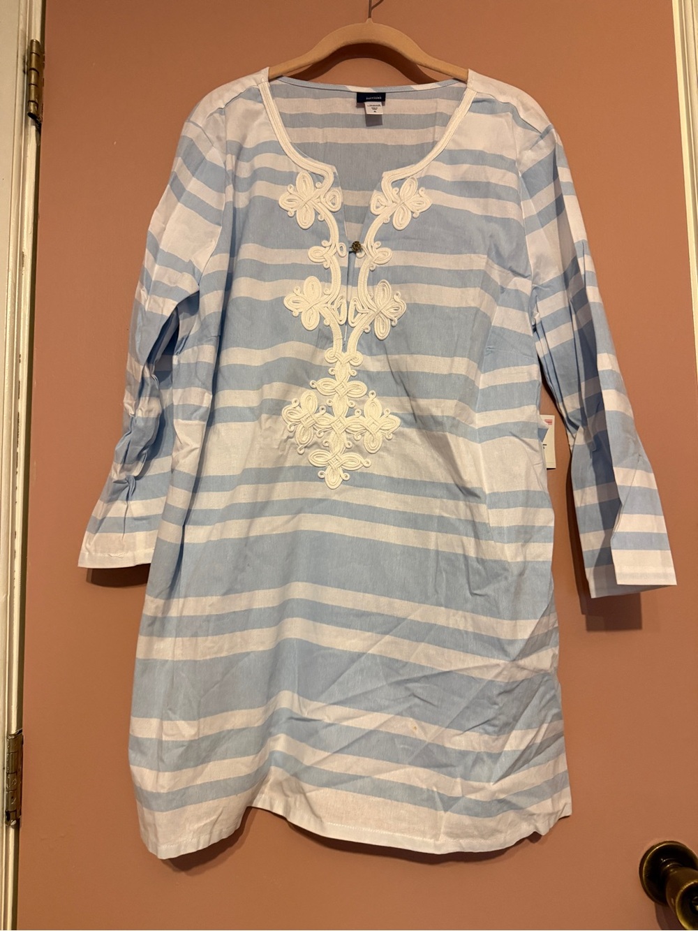 Basic Editions Blue and White Striped Cotton Tunic with Embroidered Detail NWT